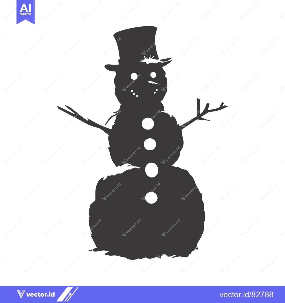 Premium Vector of Black and White Silhouette of a Snowman with a Top Hat and Stick Arms