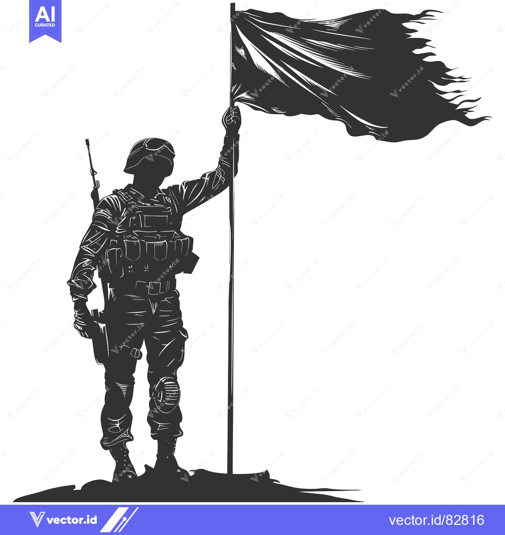 Premium Vector of A Silhouetted Soldier Raising a Waving Flag