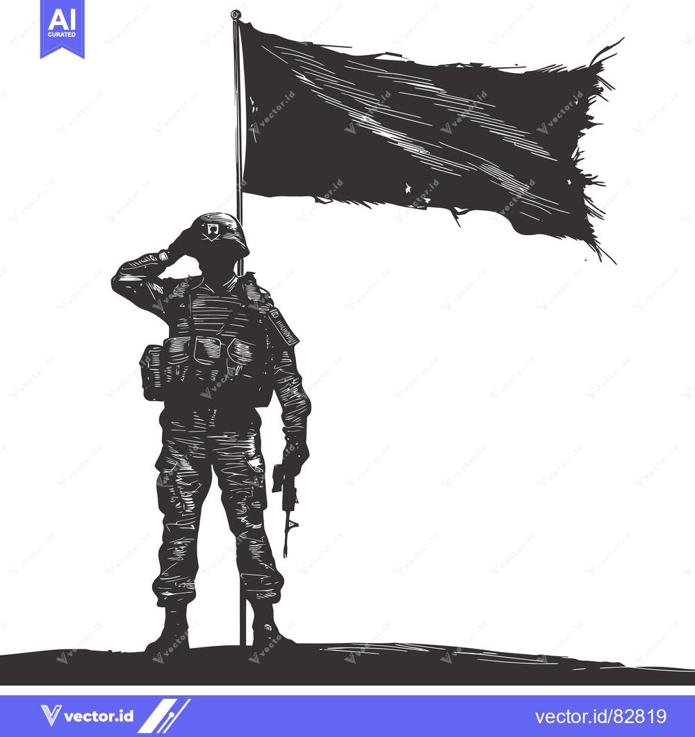 Premium Vector of A soldier saluting a tattered flag in a silhouette illustration