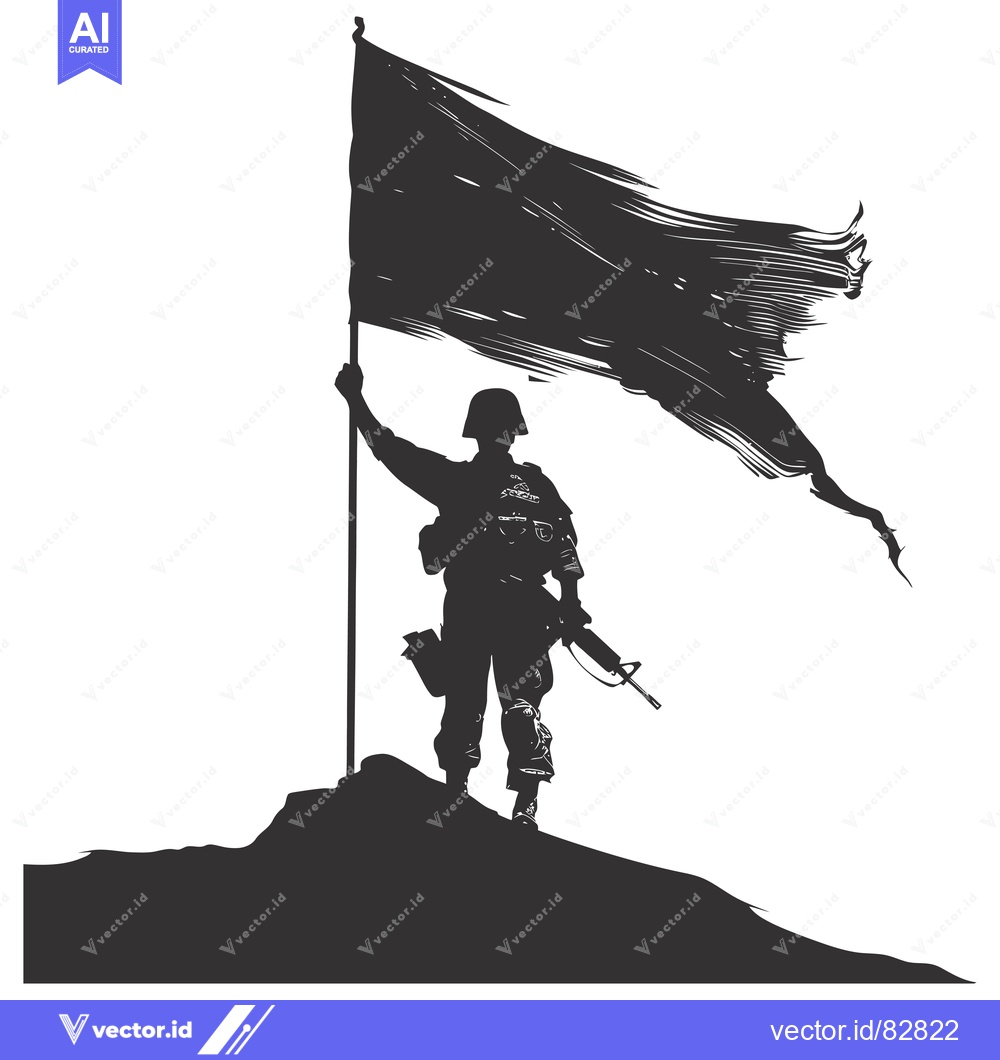 Premium Vector dari Silhouette of a Soldier Raising a Flag on a Hilltop