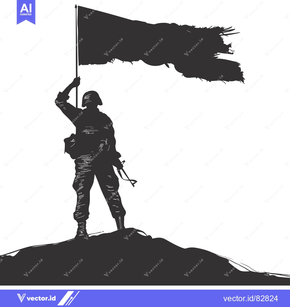 Premium Vector of Silhouette of a Soldier Raising a Torn Flag on a Hilltop