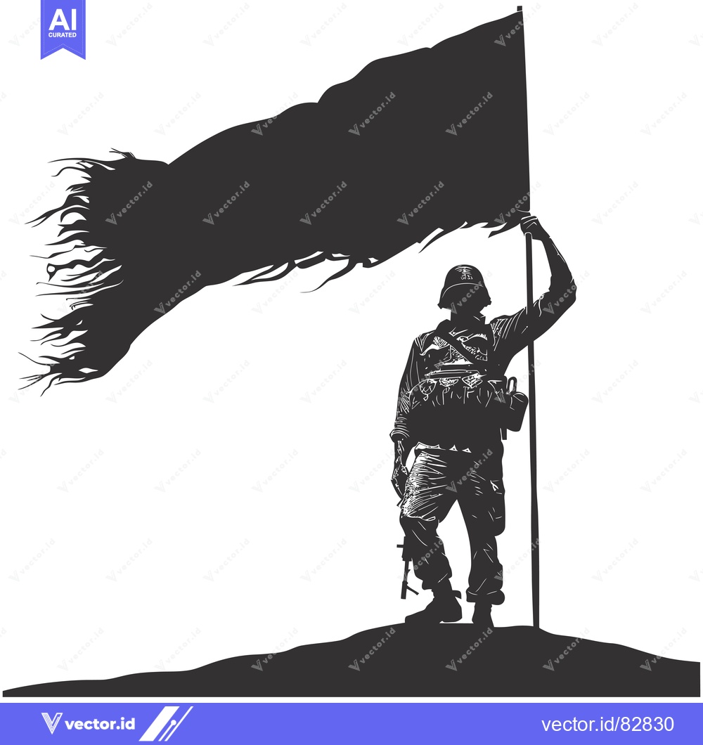 Premium Vector of Soldier Silhouette Holding a Waving Black Flag on a Hilltop