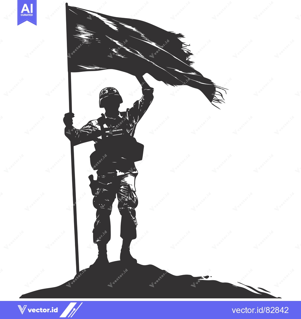 Premium Vector dari A Silhouette of a Soldier Holding a Waving Flag on a Hilltop