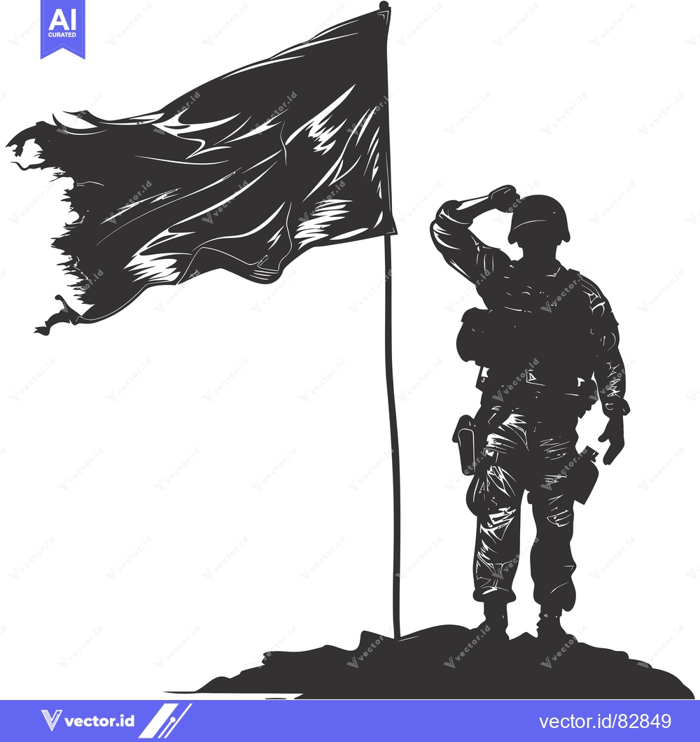Premium Vector dari Silhouette of a soldier saluting a tattered flag on a hill