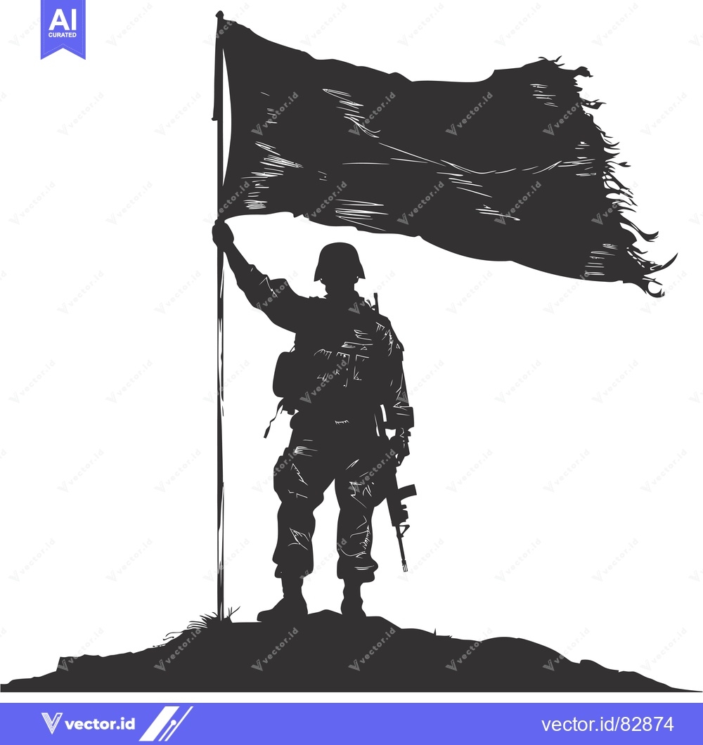 Premium Vector dari Silhouette of a Soldier Holding a Flag on a Hilltop