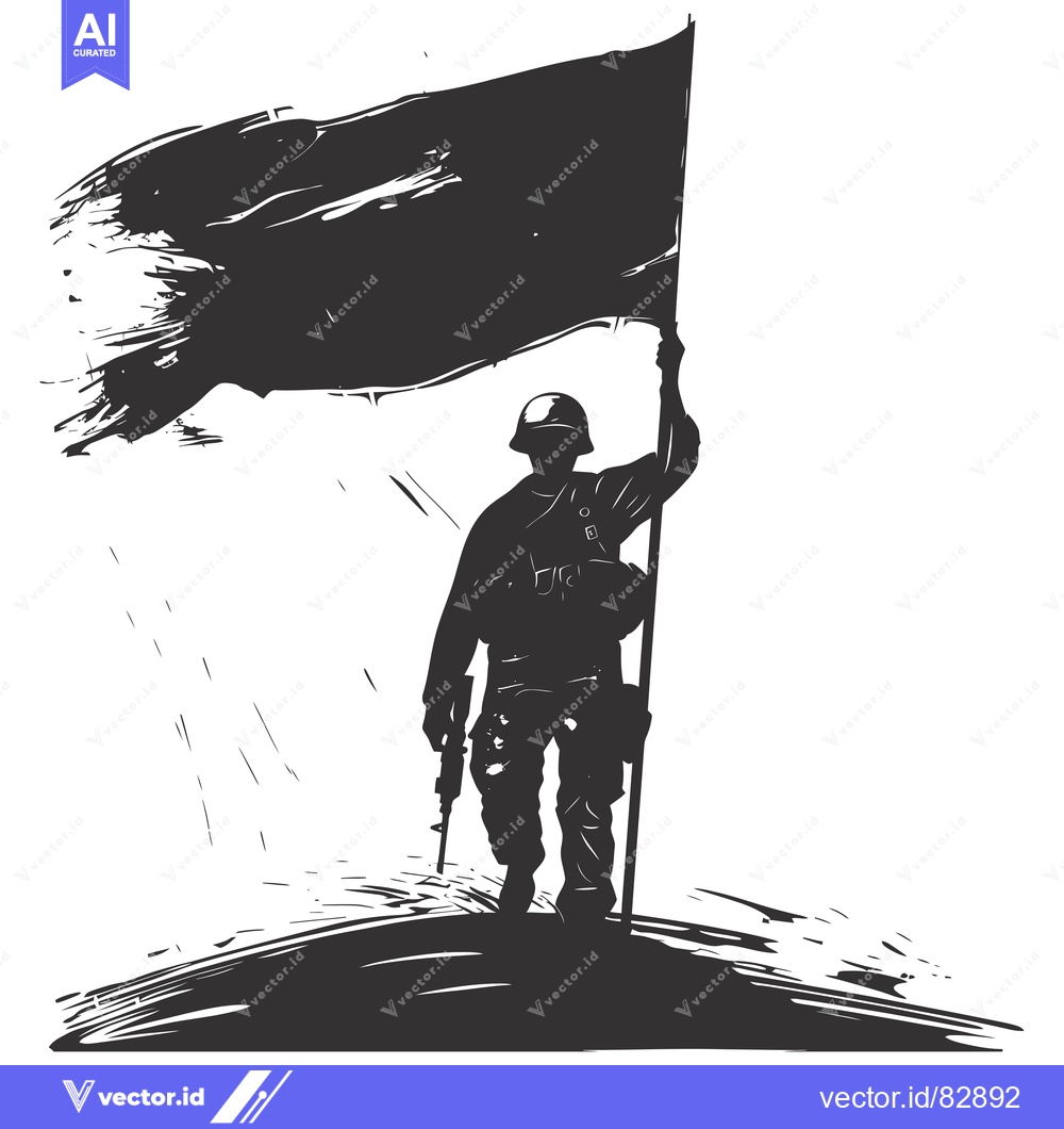 Premium Vector dari Silhouette of a soldier holding a flag high in the air with a gun in h