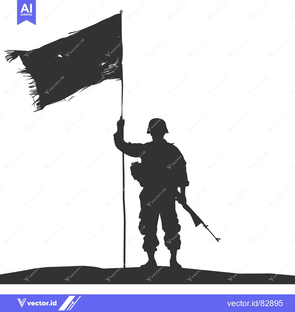 Premium Vector dari Silhouette of a Soldier Holding a Torn Flag on a Hilltop