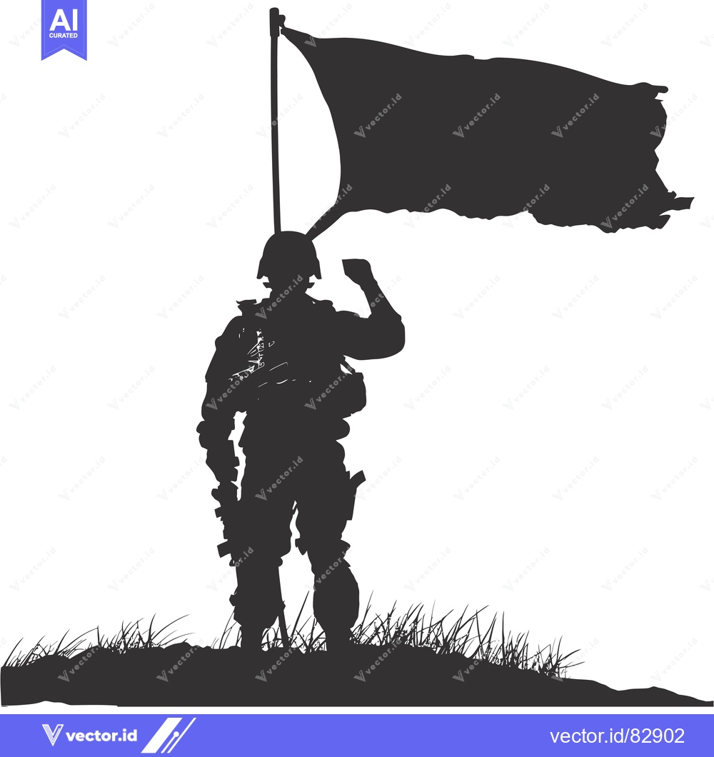 Premium Vector of Silhouette of a Soldier Raising a Flag in a Field of Grass