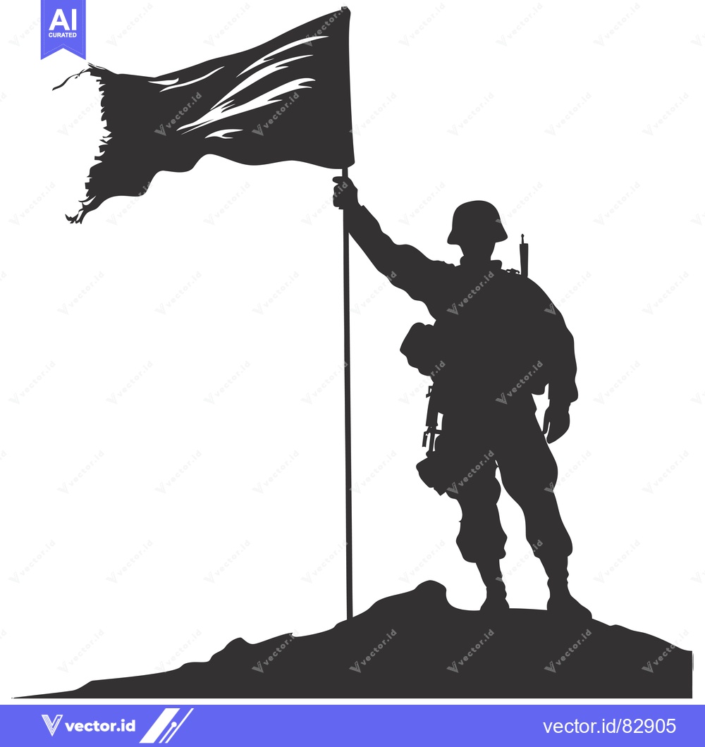 Premium Vector dari Silhouette of a Soldier Raising a Torn Flag on a Hilltop