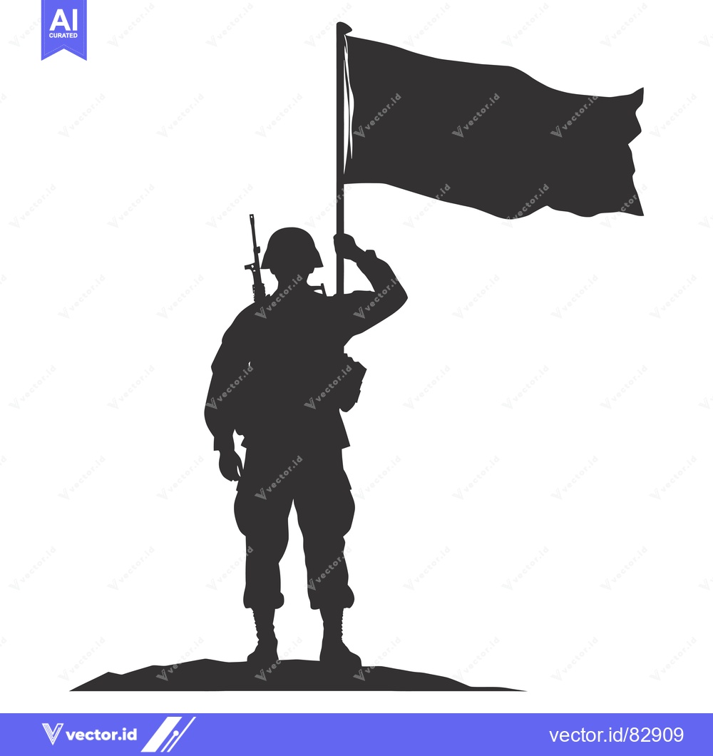 Premium Vector of Silhouette of a Soldier Saluting and Holding a Flag on a Hilltop