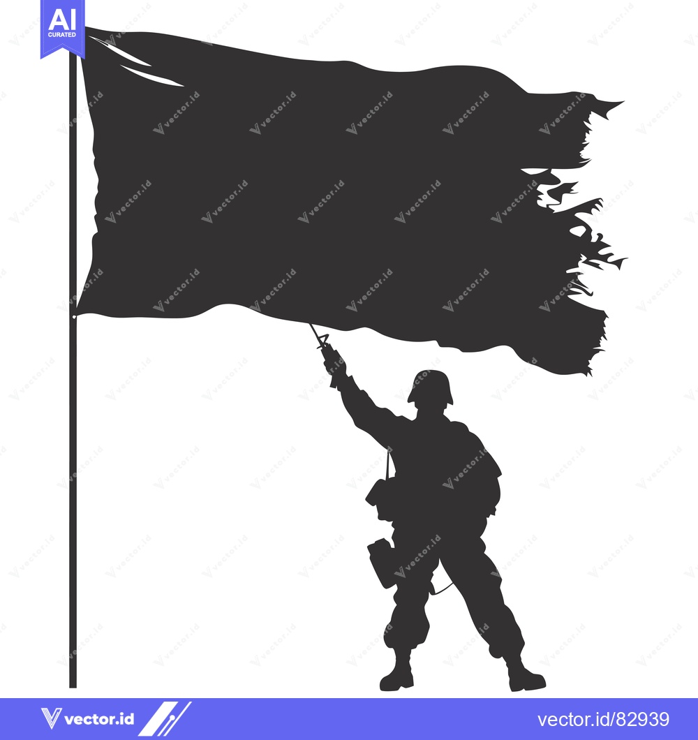 Premium Vector dari Silhouette of a Soldier Raising a Torn Flag on a Pole