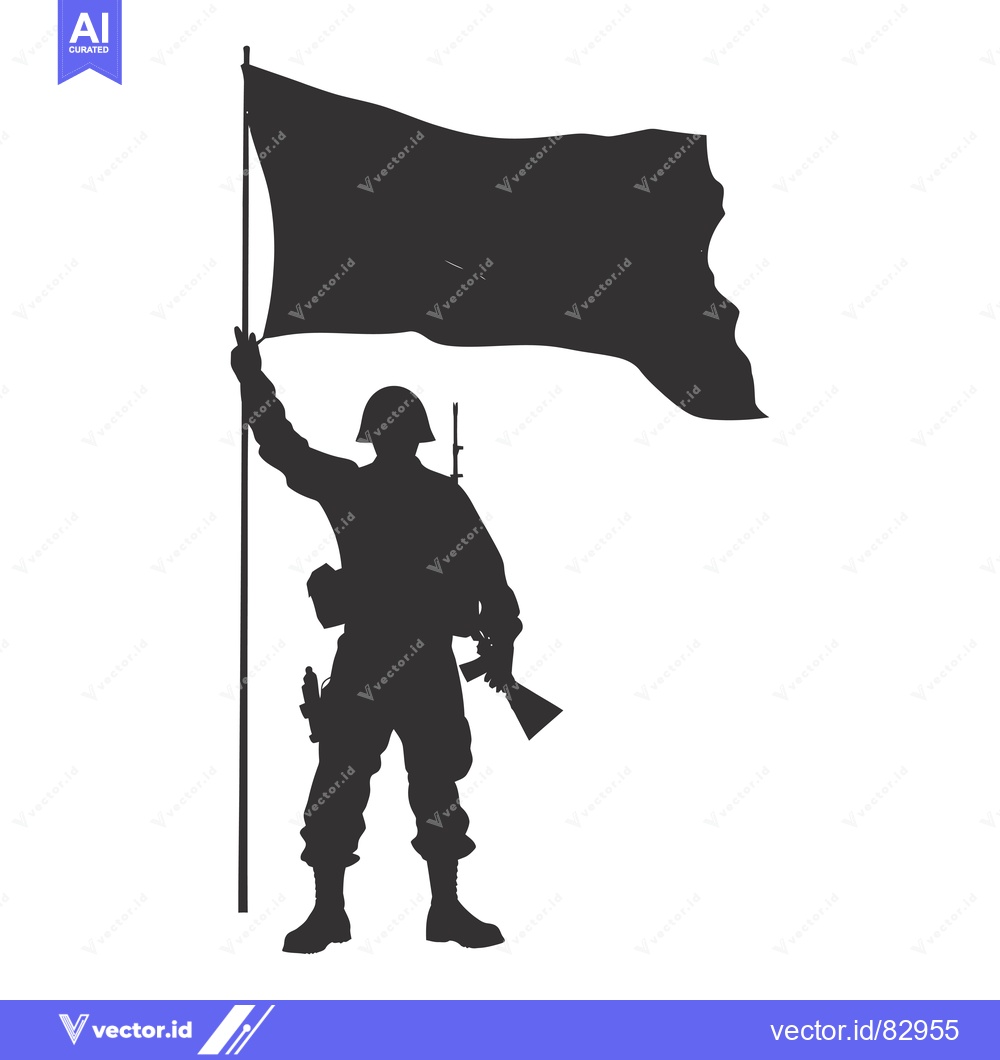 Premium Vector dari Silhouette of a Soldier Holding a Flag and a Rifle