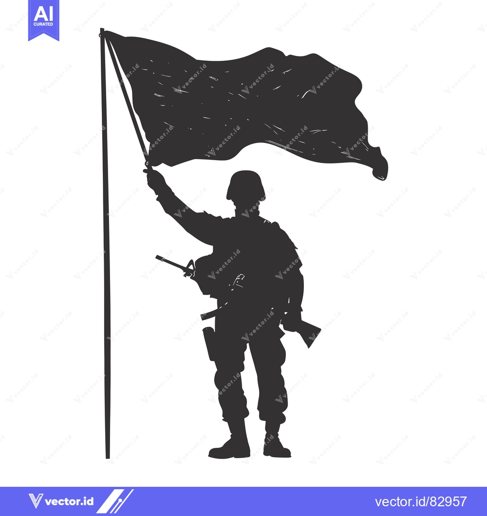 Premium Vector dari Silhouette of a Soldier Raising a Flag with a Rifle