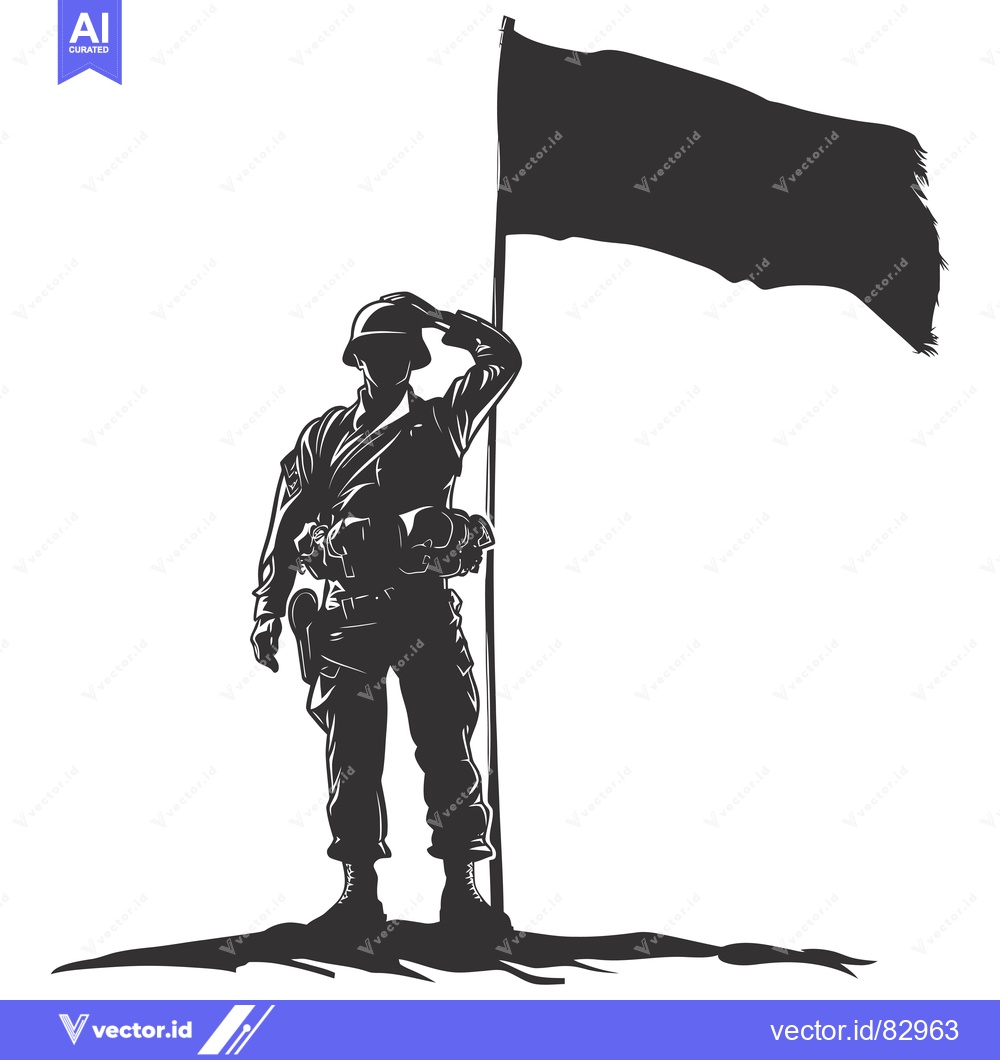 Premium Vector dari Silhouette of a Soldier Saluting a Flagpole with a Black Flag