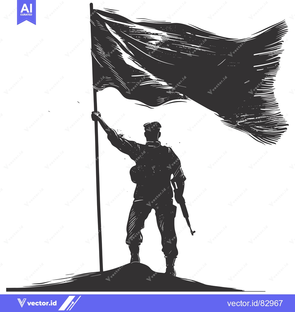 Premium Vector dari Silhouette of a Soldier Holding a Flag on a Hilltop