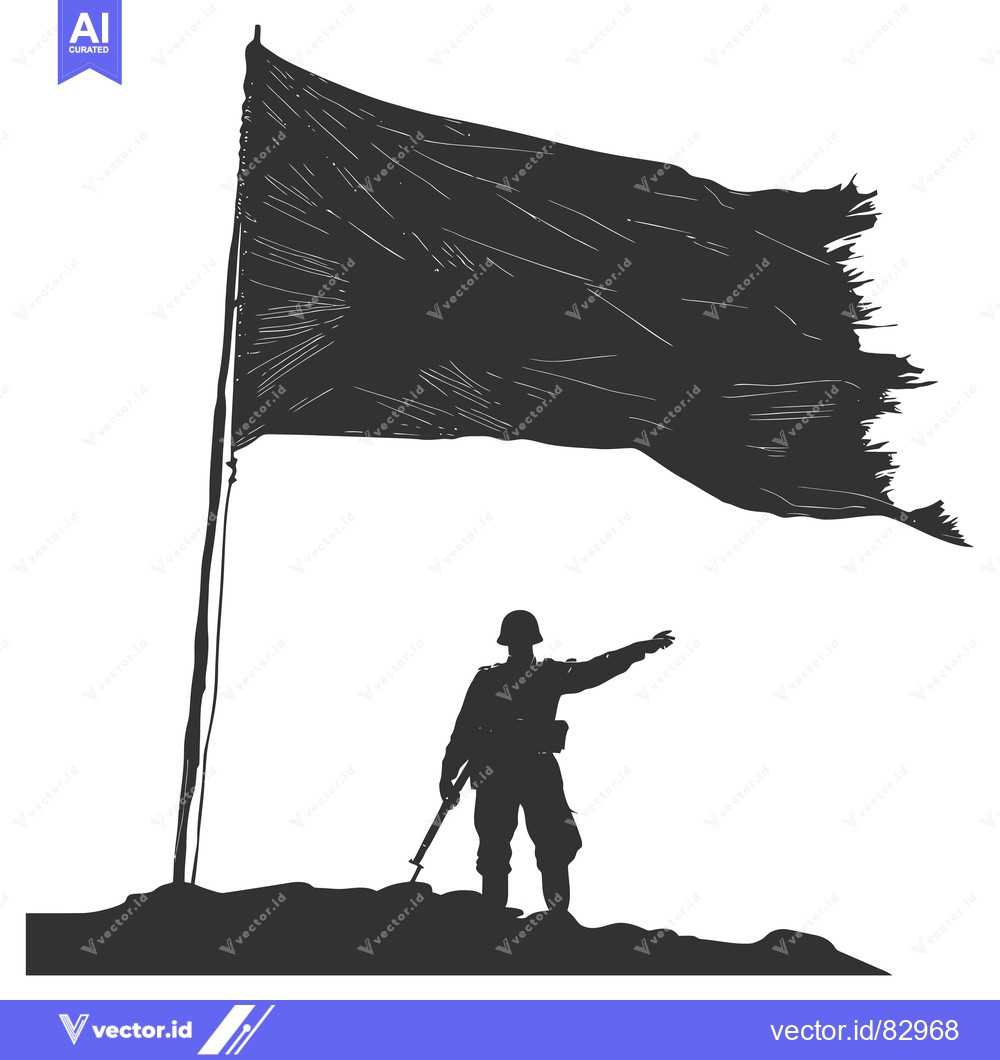 Premium Vector dari Silhouette of a Soldier Raising a Torn Flag on a Hilltop