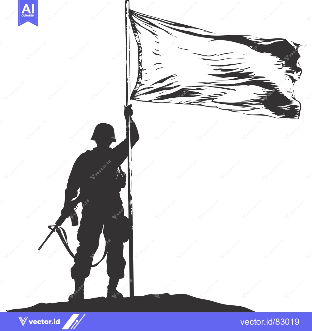 Premium Vector of Silhouette of a soldier raising a flag on a hilltop