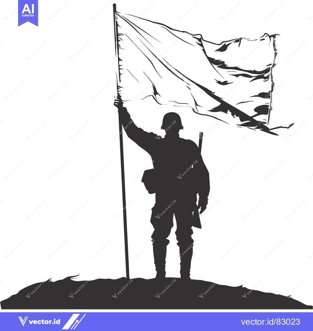 Premium Vector dari Silhouette of a Soldier Holding a Flag on a Hilltop