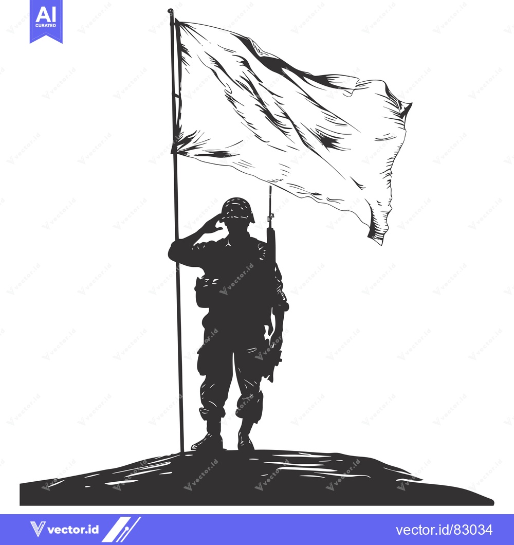 Premium Vector dari Silhouette of a Soldier Saluting a Waving Flag on a Hilltop