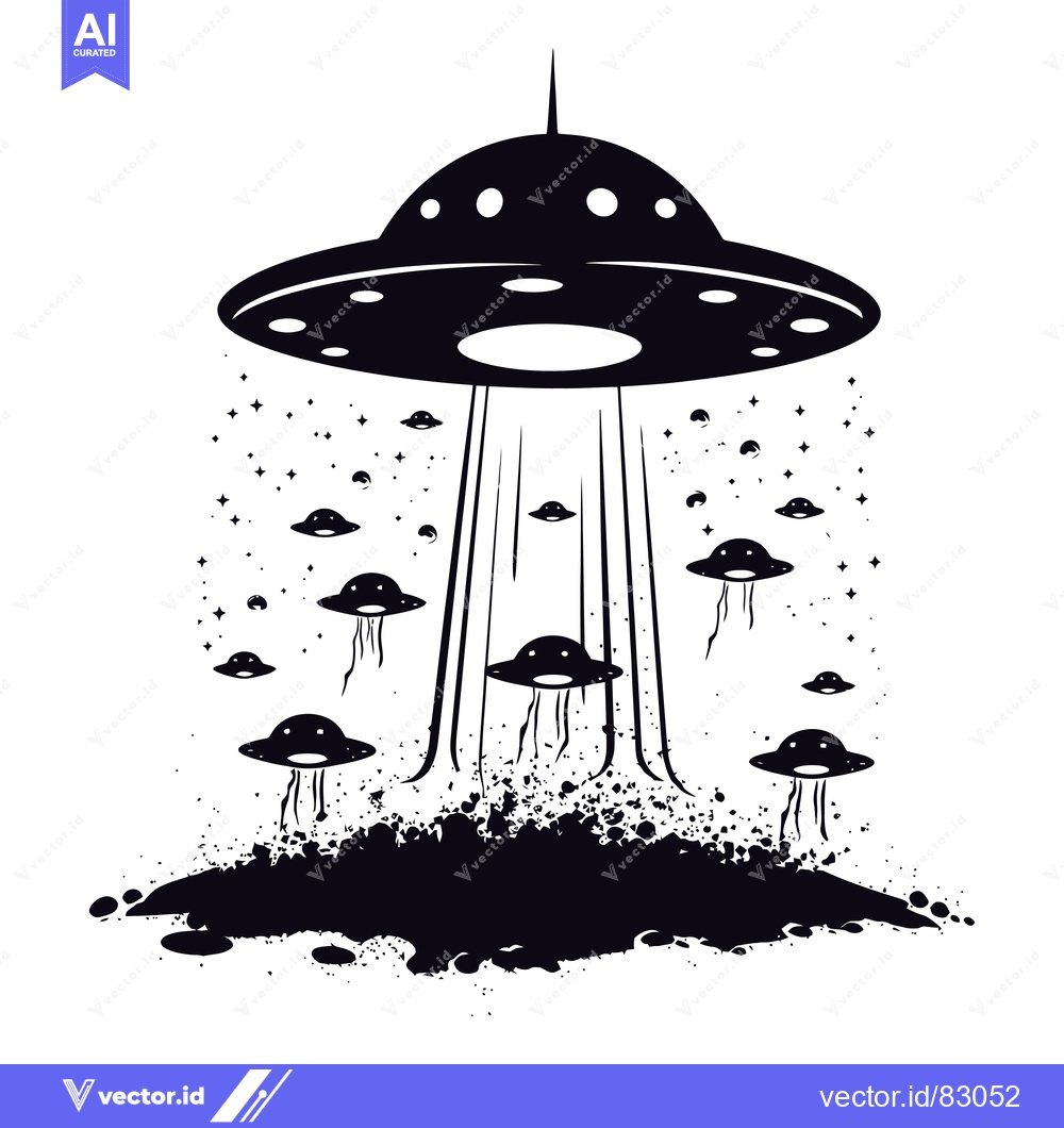 Premium Vector dari A Large UFO Hovering Over Smaller UFOs Emerging From the Ground