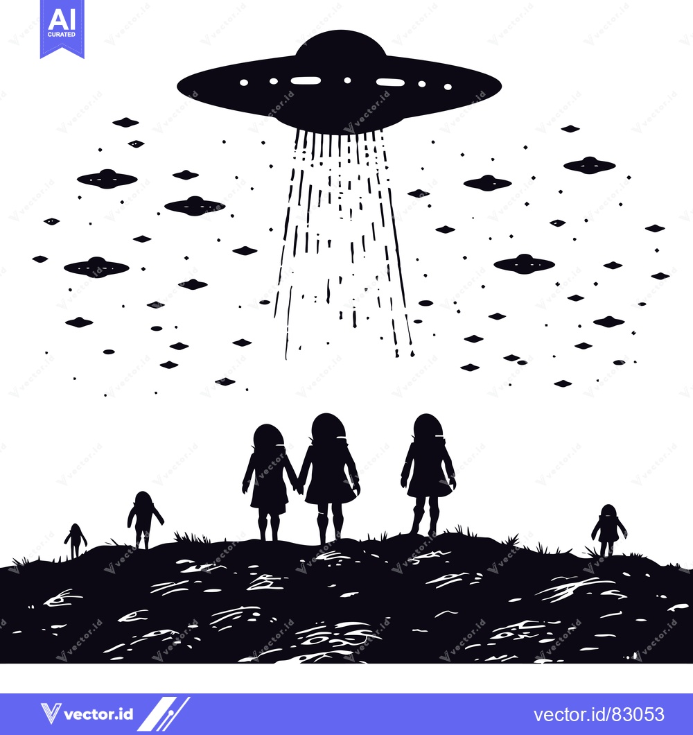 Premium Vector dari Three Silhouettes of People Gazing Upward at a UFO in the Sky