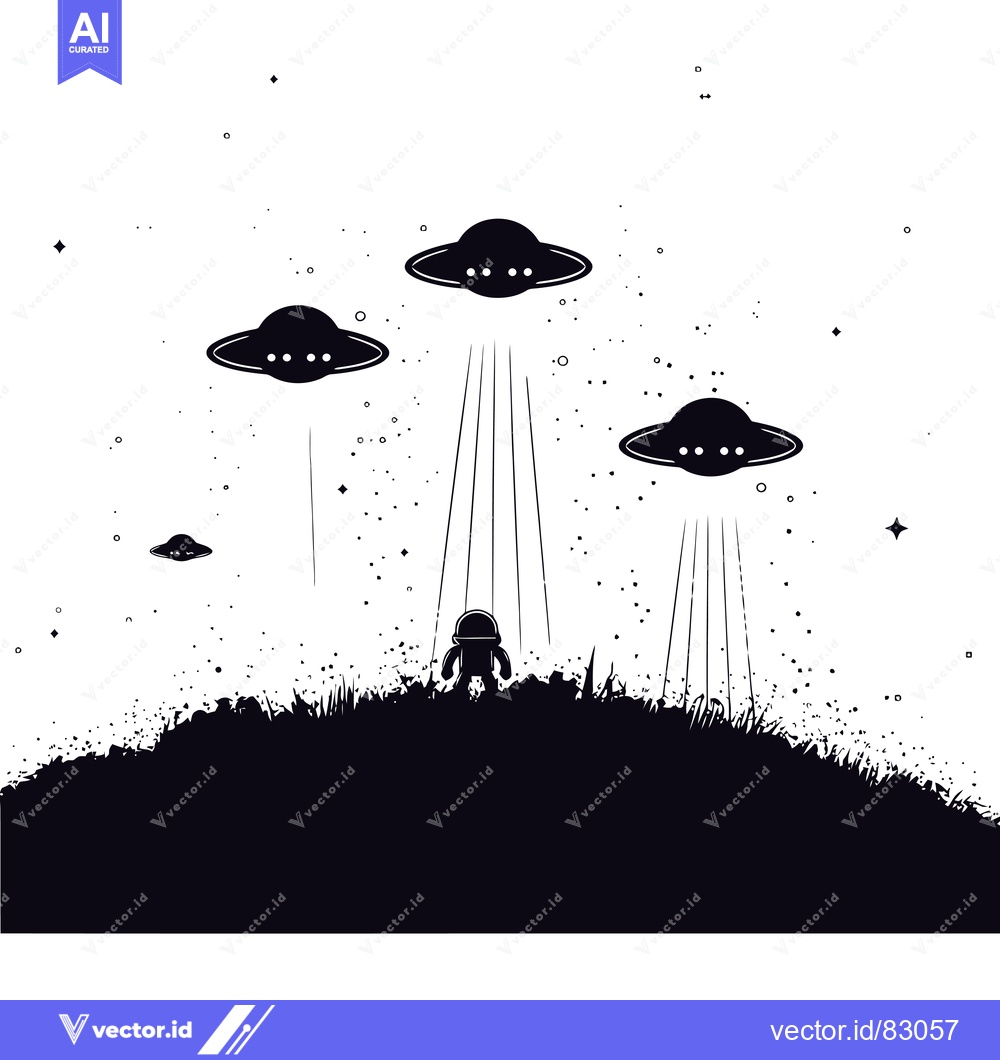 Premium Vector dari A lone astronaut standing on a grassy hill with multiple flying saucer