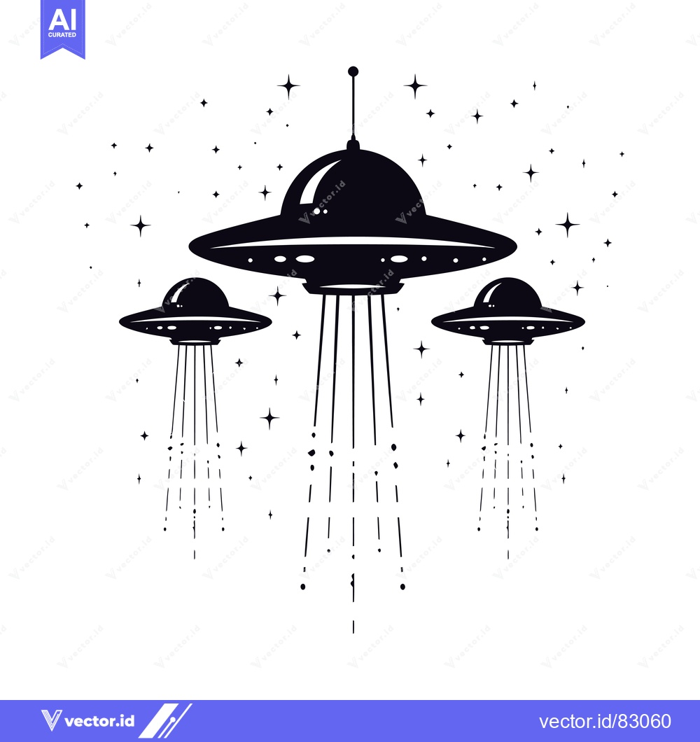 Premium Vector dari Three Black Silhouettes of UFOs with Beams of Light in Starry Sky