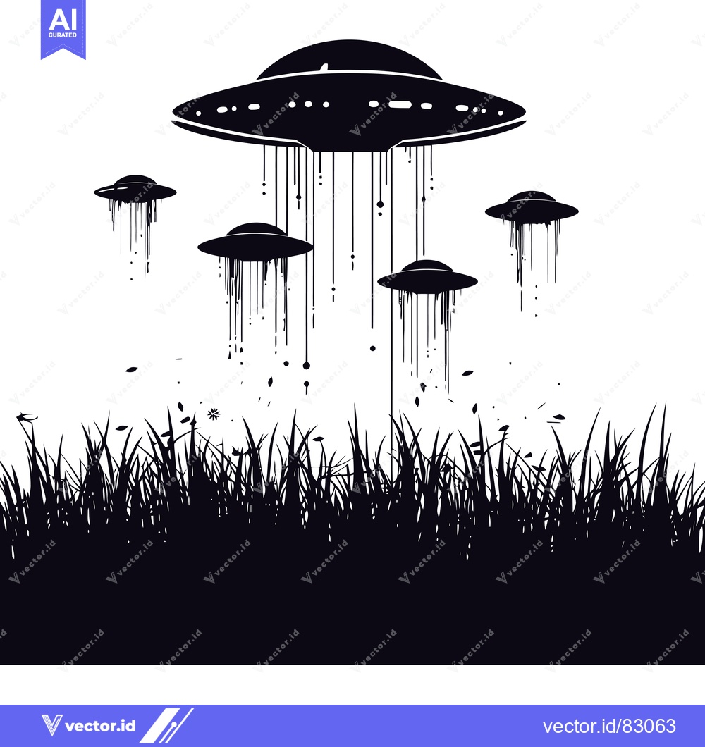 Premium Vector dari Five UFOs Hovering Over Tall Grass with Dripping Black Liquid