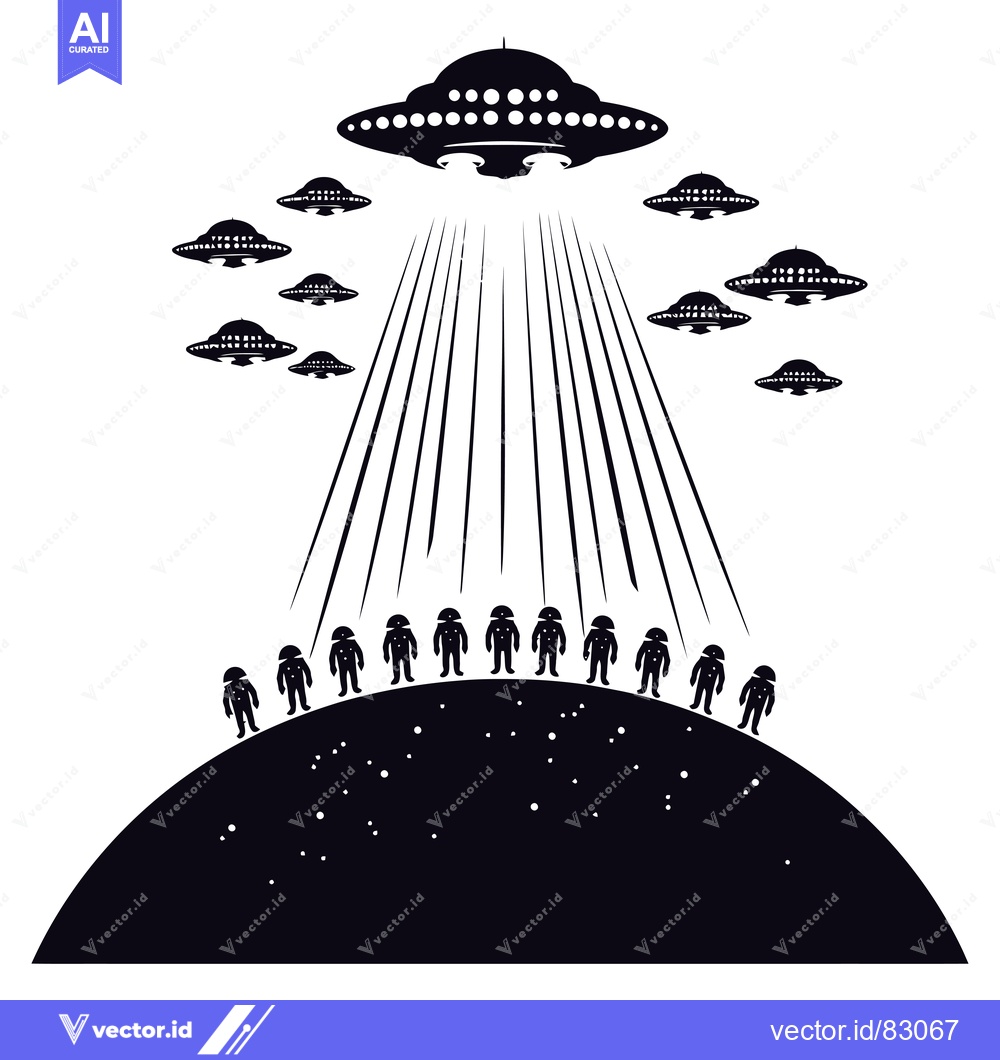 Premium Vector dari A fleet of unidentified flying objects beaming down a group of aliens