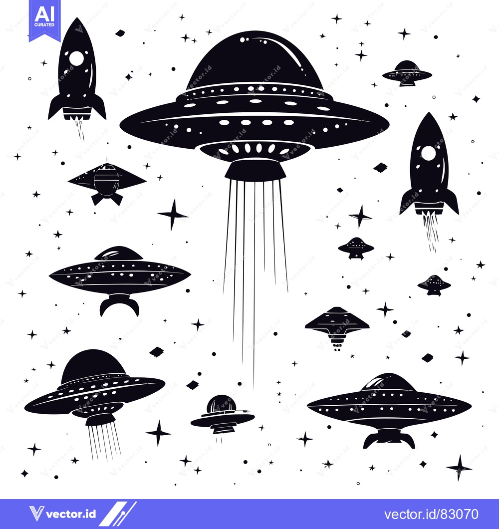 Premium Vector of Black Silhouettes of Flying Saucers and Rockets in a Starry Sky
