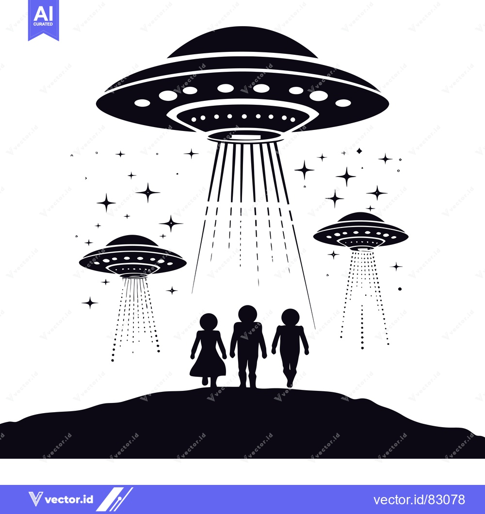Premium Vector dari Three Silhouettes Standing Beneath a Hovering UFO and Stars