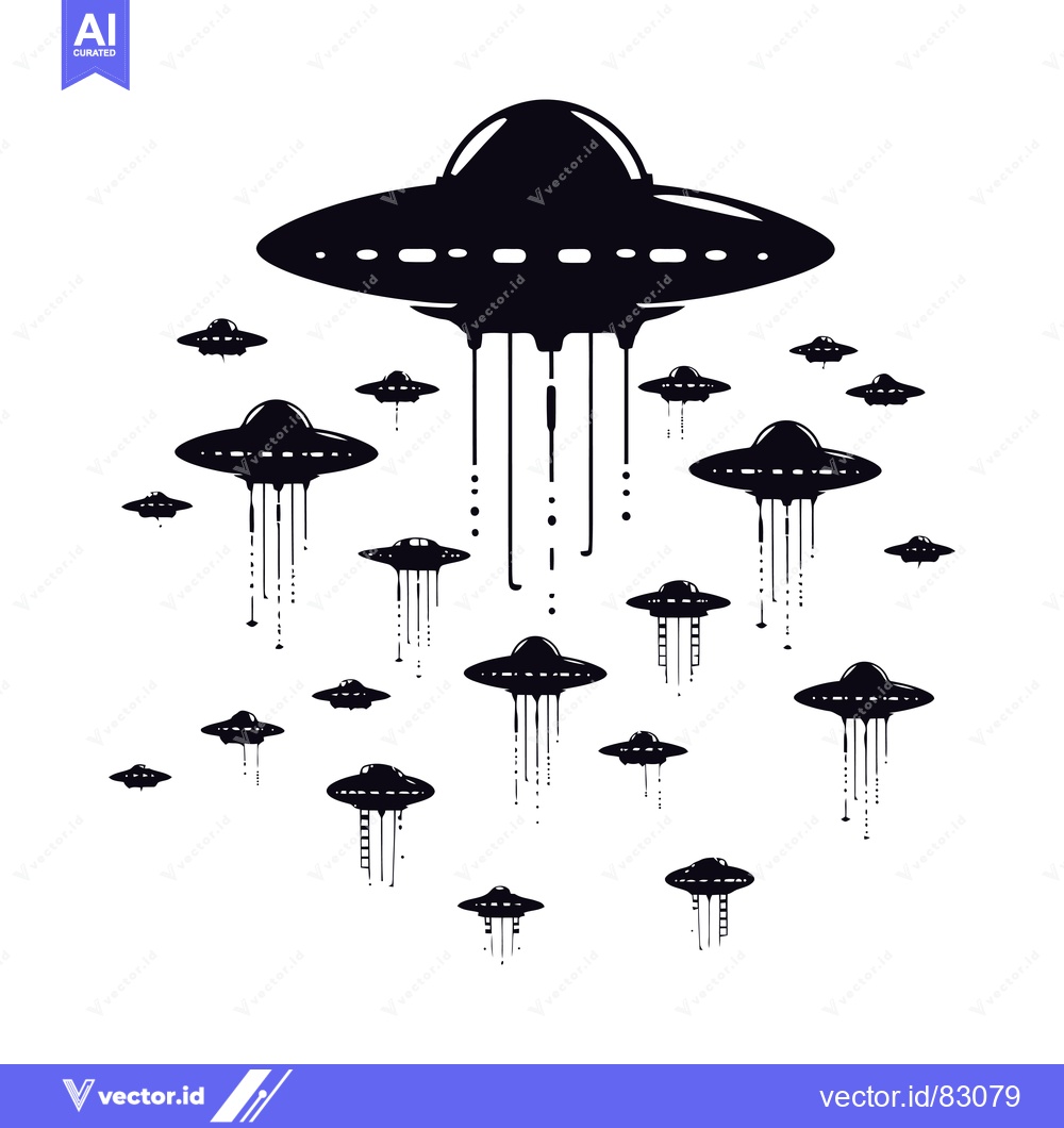 Premium Vector dari A Flock of Silhouetted UFOs Descending Towards Earth