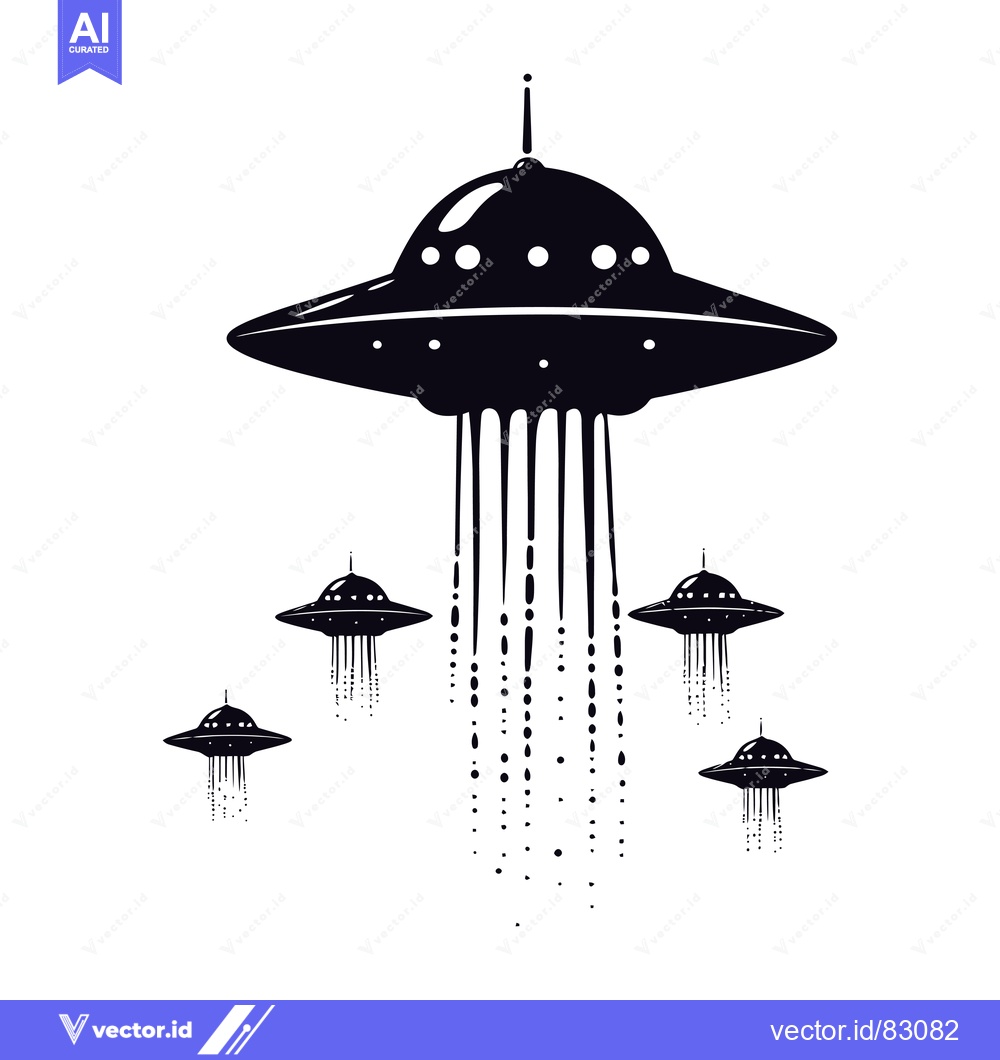 Premium Vector of Five Silhouette UFOs with One Beam of Light Streaming Downwards