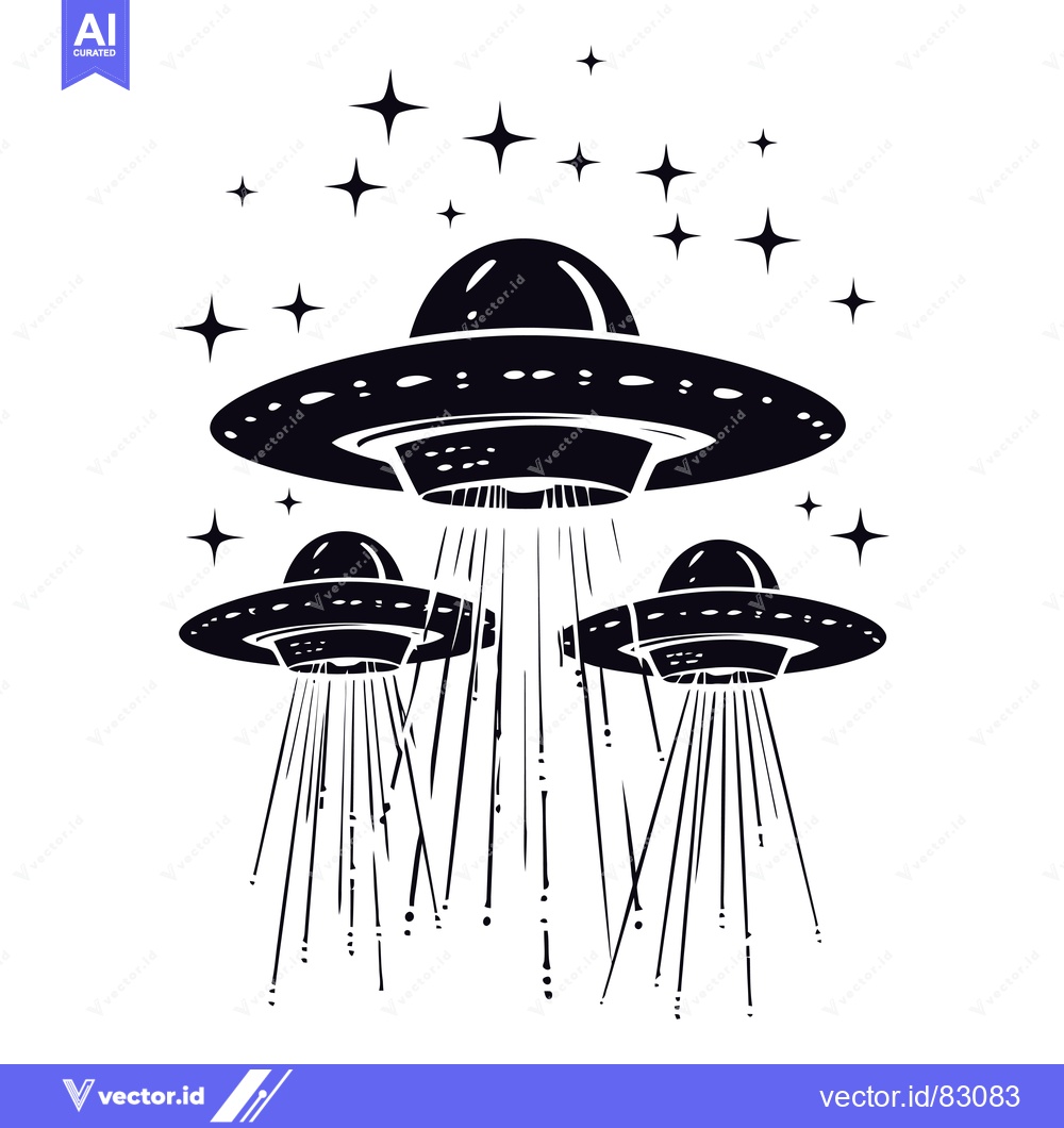 Premium Vector dari Three Silhouetted UFOs with Beams of Light Against a Starry Background