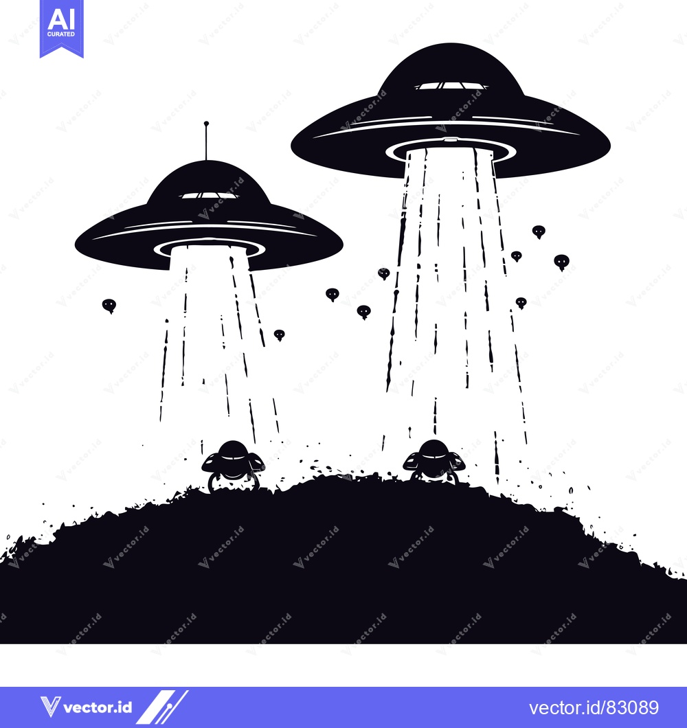Premium Vector dari Two UFOs Hovering Over a Dark Landscape with Alien Creatures