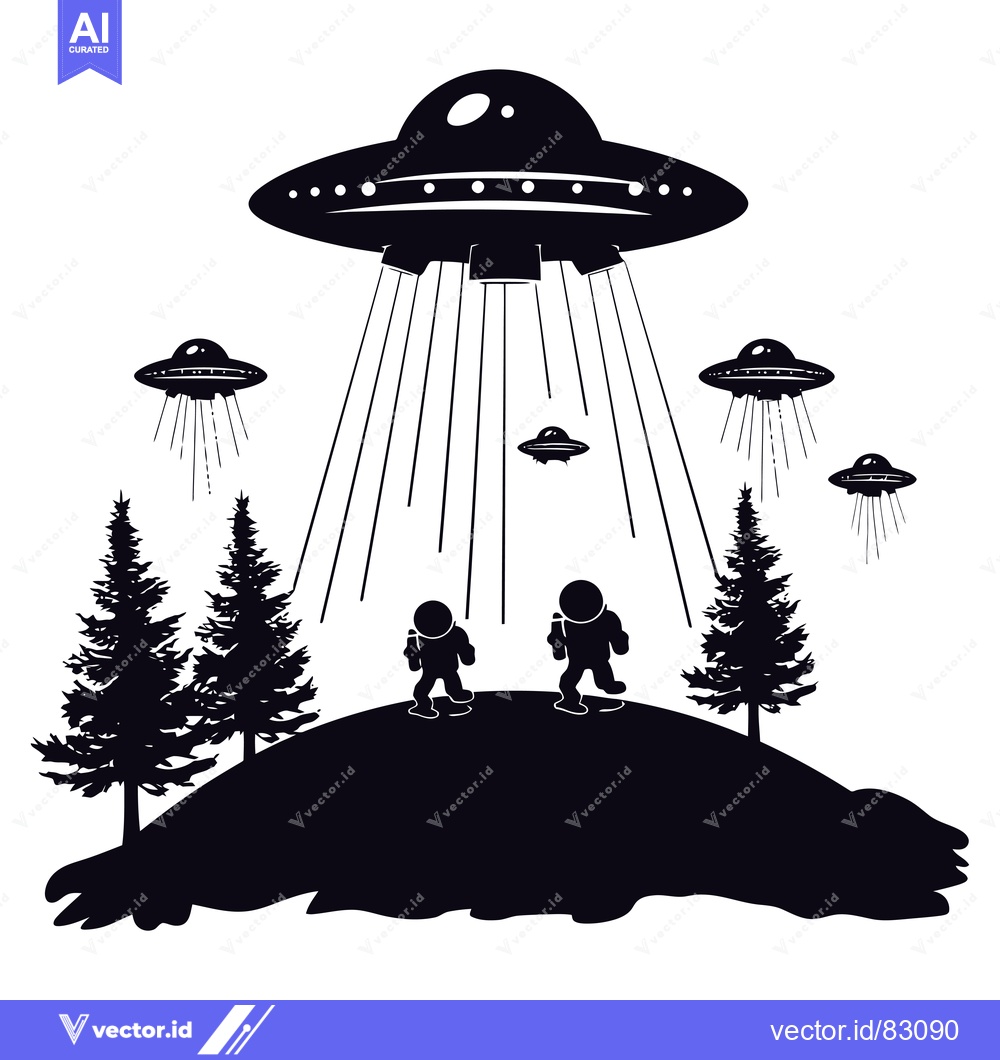 Premium Vector of Silhouette of UFOs Over a Forest With Two Astronauts Standing Below