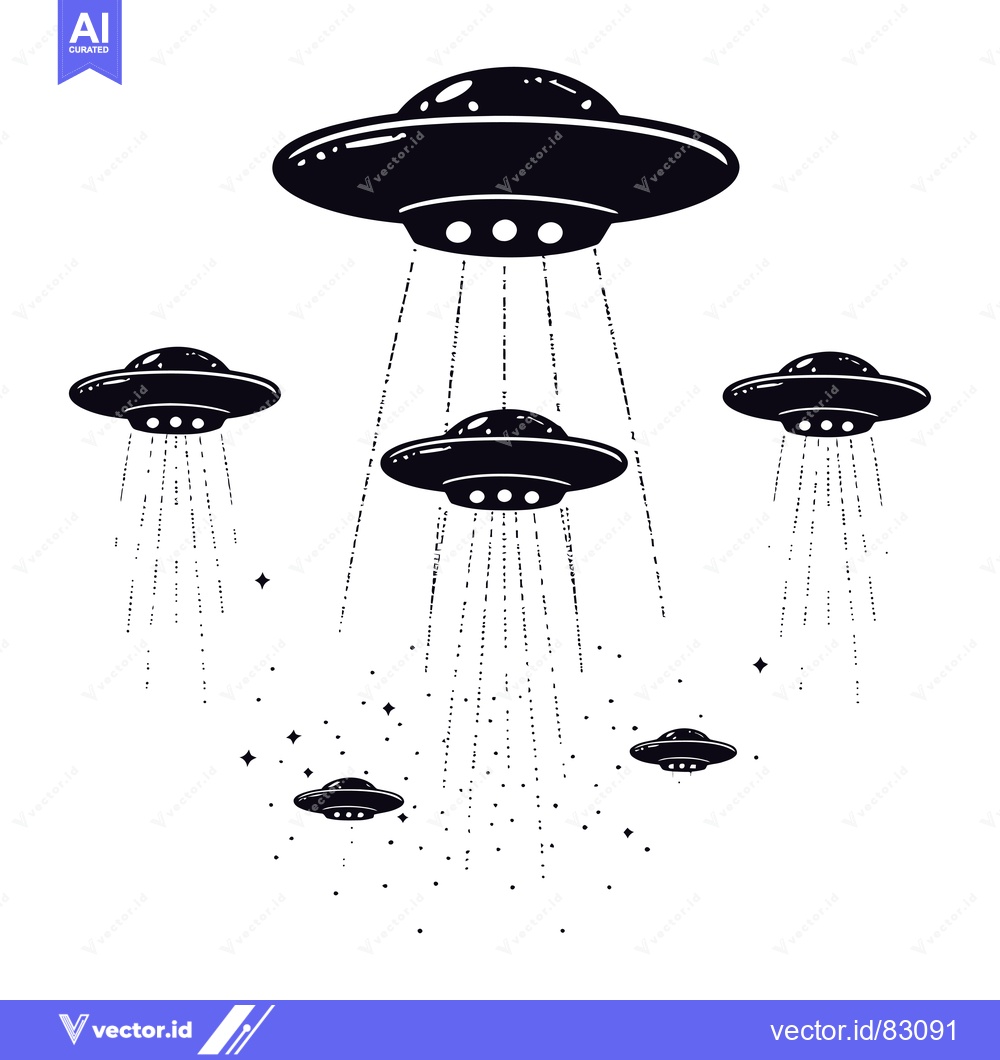 Premium Vector dari Five Silhouettes of Flying Saucers with Dotted Beams in a White Backgr