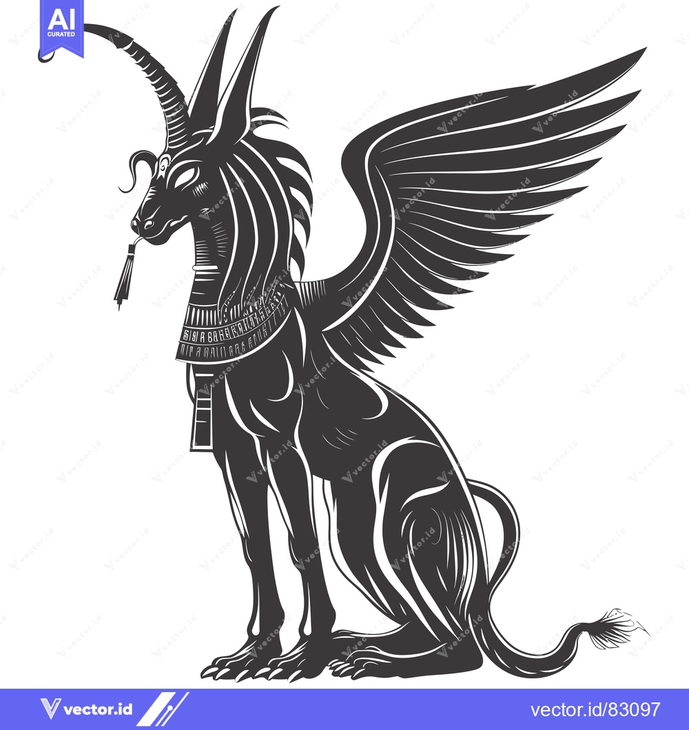 Premium Vector of Black and White Illustration of a Sitting Winged Sphinx
