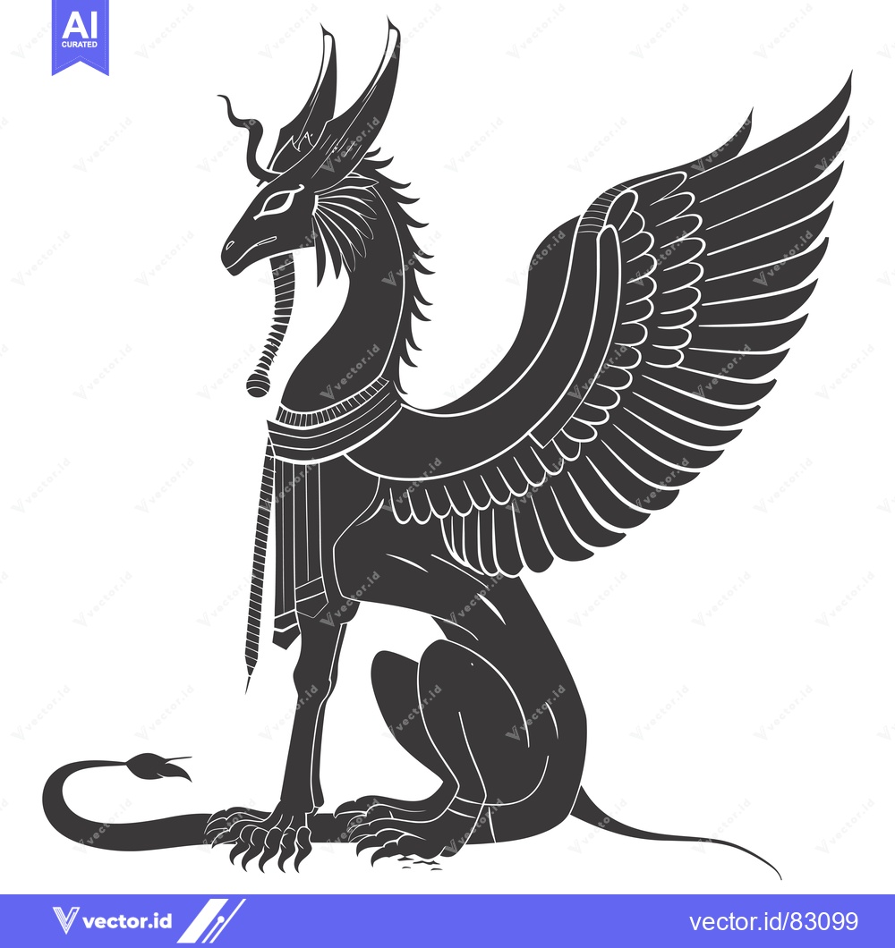 Premium Vector of Black and White Illustration of a Winged, Lion-like Creature with a Sn