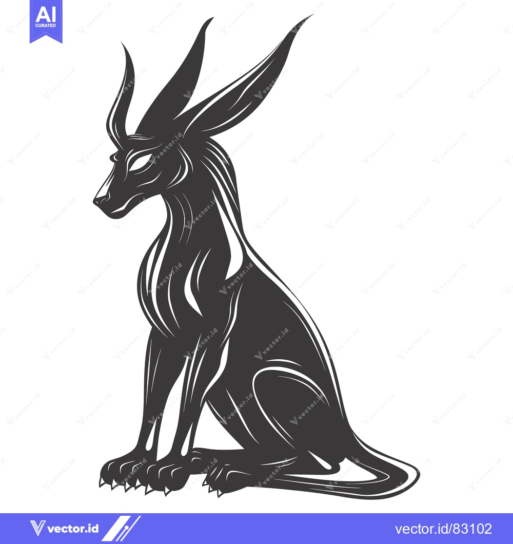 Premium Vector dari Black and White Illustration of a Sitting, Feline Creature with Large