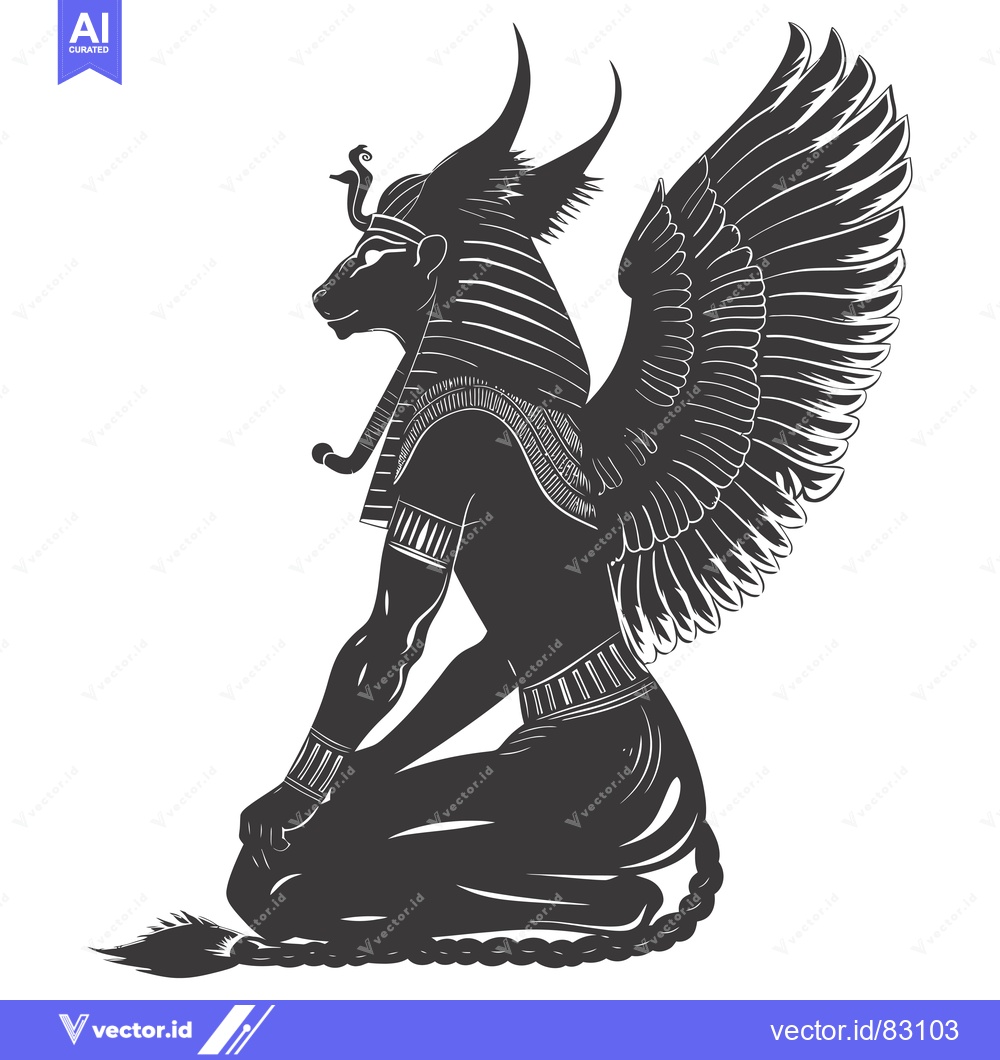Premium Vector of A black and white silhouette of the Egyptian god Horus, kneeling with