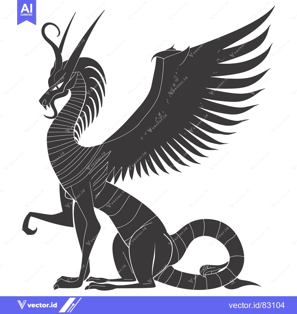 Premium Vector dari A black and white stylized illustration of a dragon with wings spread