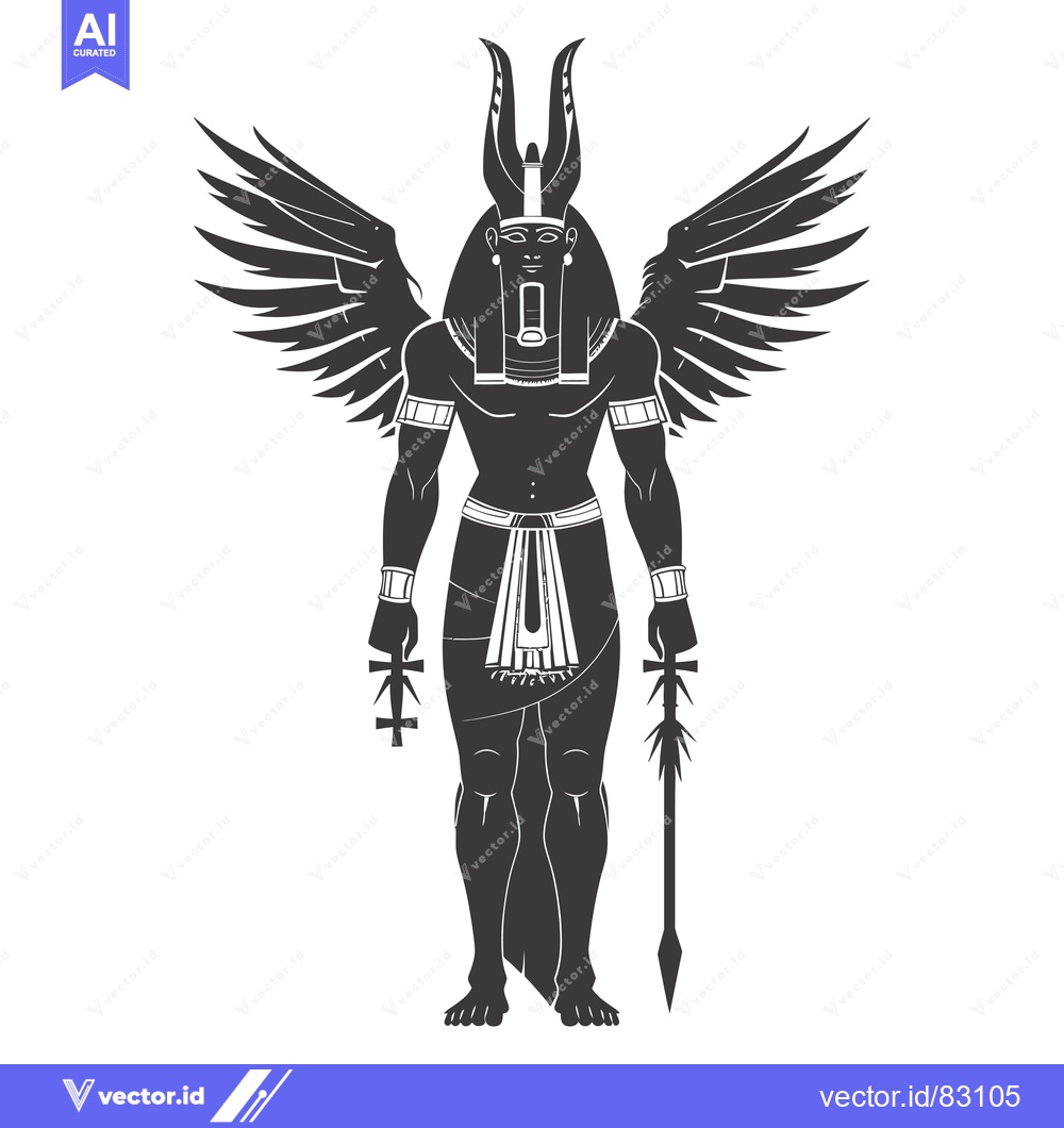 Premium Vector of Winged Egyptian God with Horns, Holding Weapons