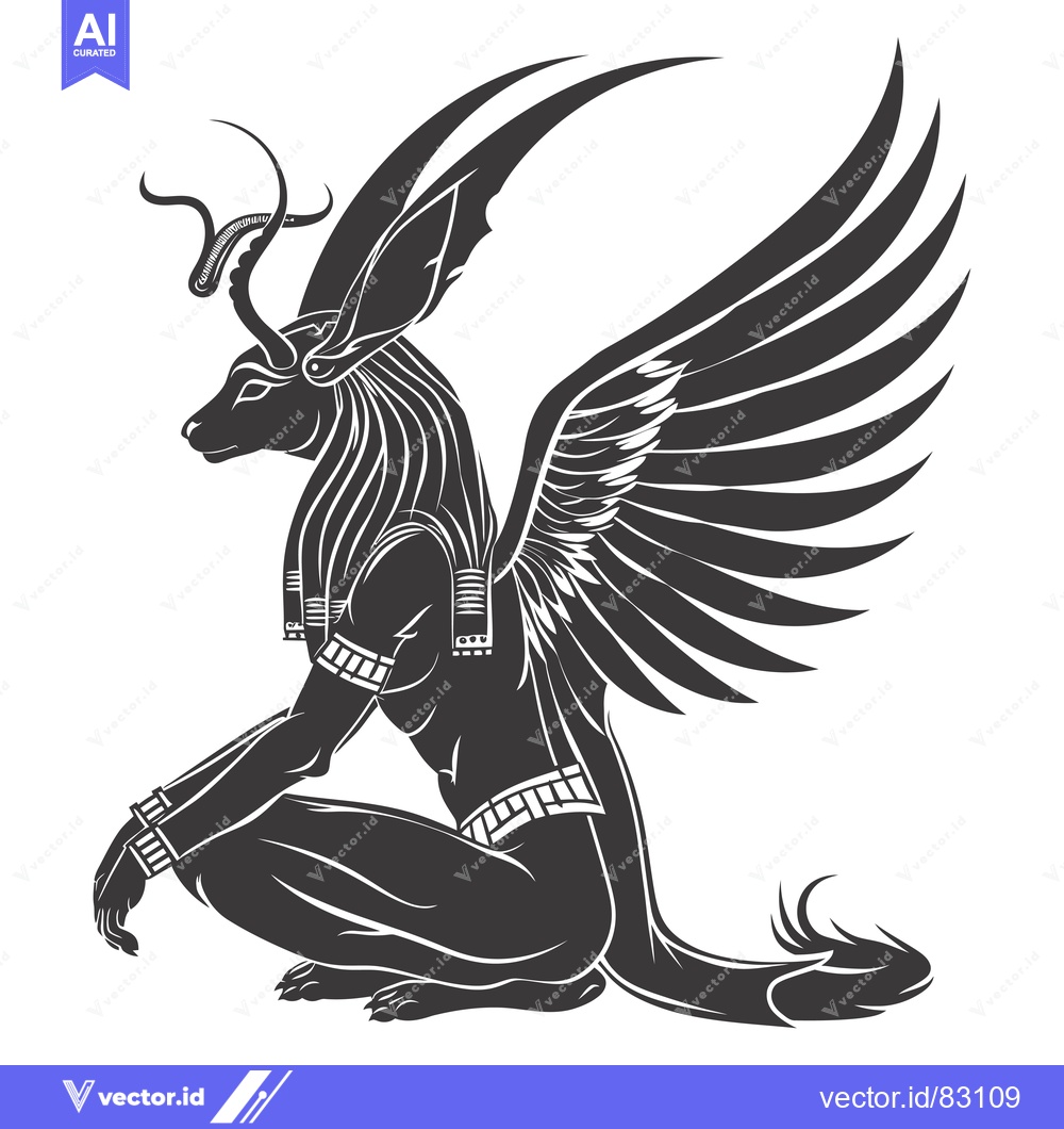Premium Vector of Black and White Illustration of a Winged Female Figure with Jackal Hea