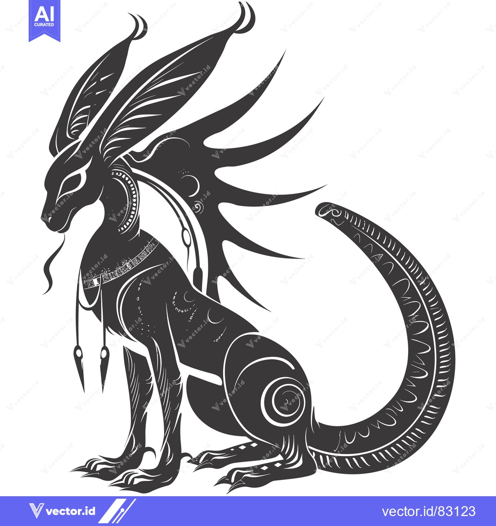 Premium Vector of Black and White Stylized Illustration of a Mythical Creature with Feat