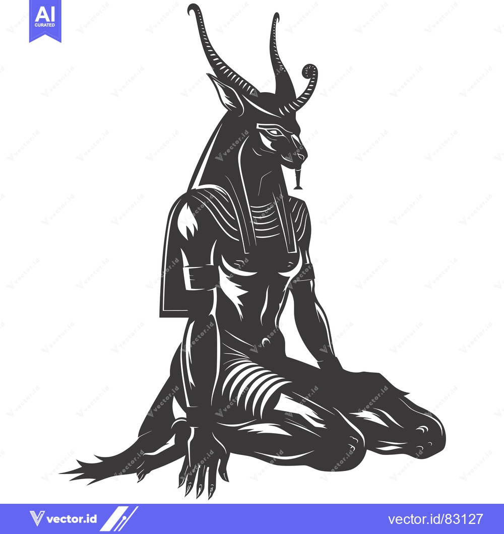 Premium Vector dari Anubis, the Egyptian God of the Dead, Kneeling in a Black and White Il