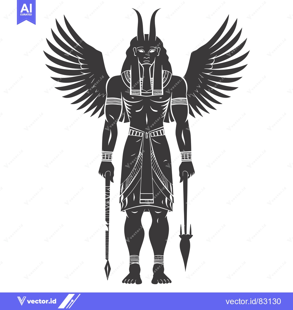 Premium Vector dari Winged Egyptian God with Horns, Staff, and Spear