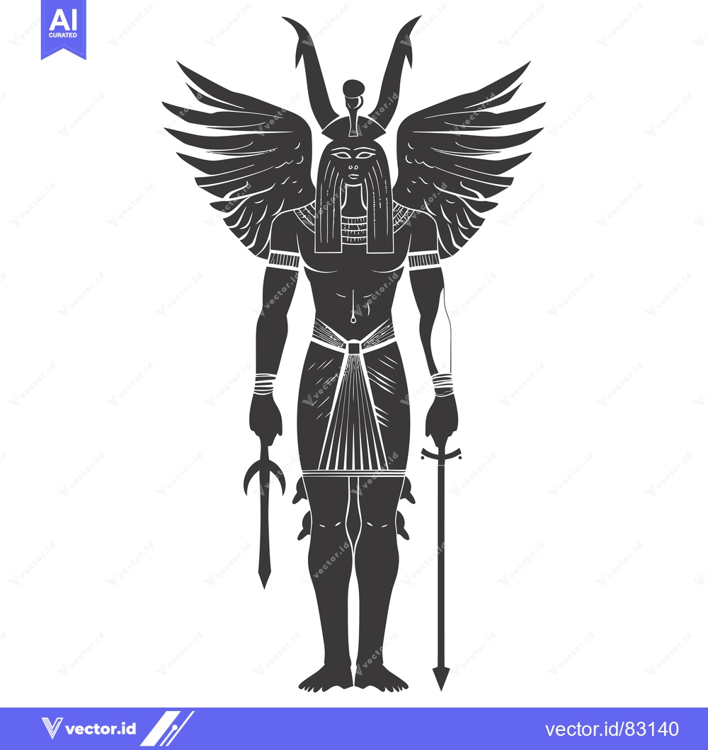 Premium Vector dari Winged Egyptian God with Horns, Holding Two Swords
