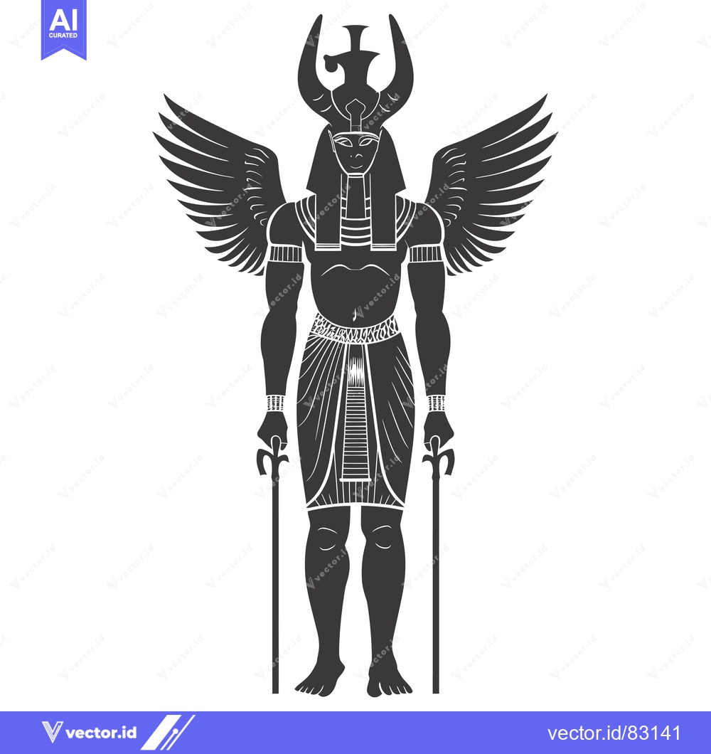 Premium Vector dari Winged Egyptian God with Horns, Staffs, and a Headdress