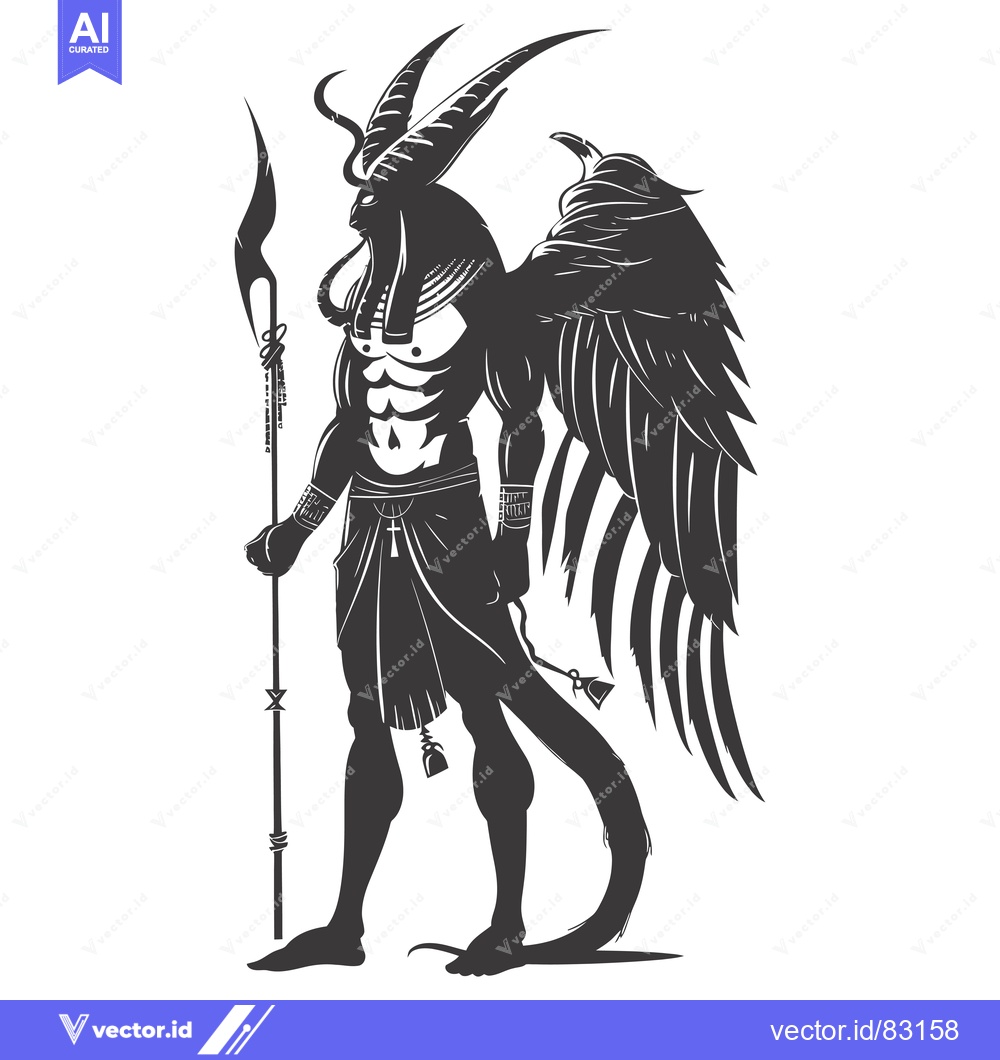 Premium Vector of Anthropomorphic Figure with Ram Horns, Wings, and Spear